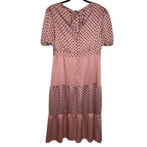 Ted Baker London Nilia dress polka dot tiered midi blush pink black puff sleeve - Picture 4 of 9